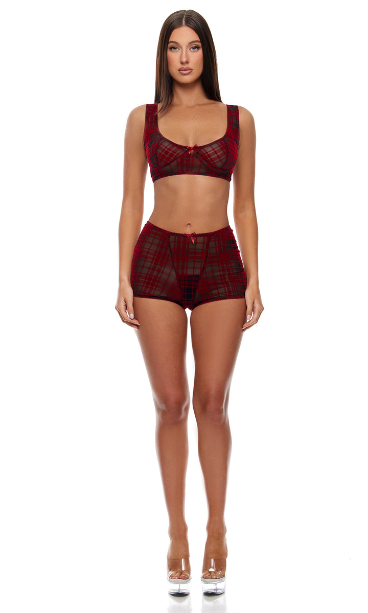 Velvet Lines Plaid Mesh Bralette and Briefs Lingerie Set