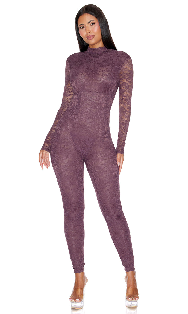 Private View 2-Piece Sheer Lined Lace Catsuit and G-String Set - Cocoa