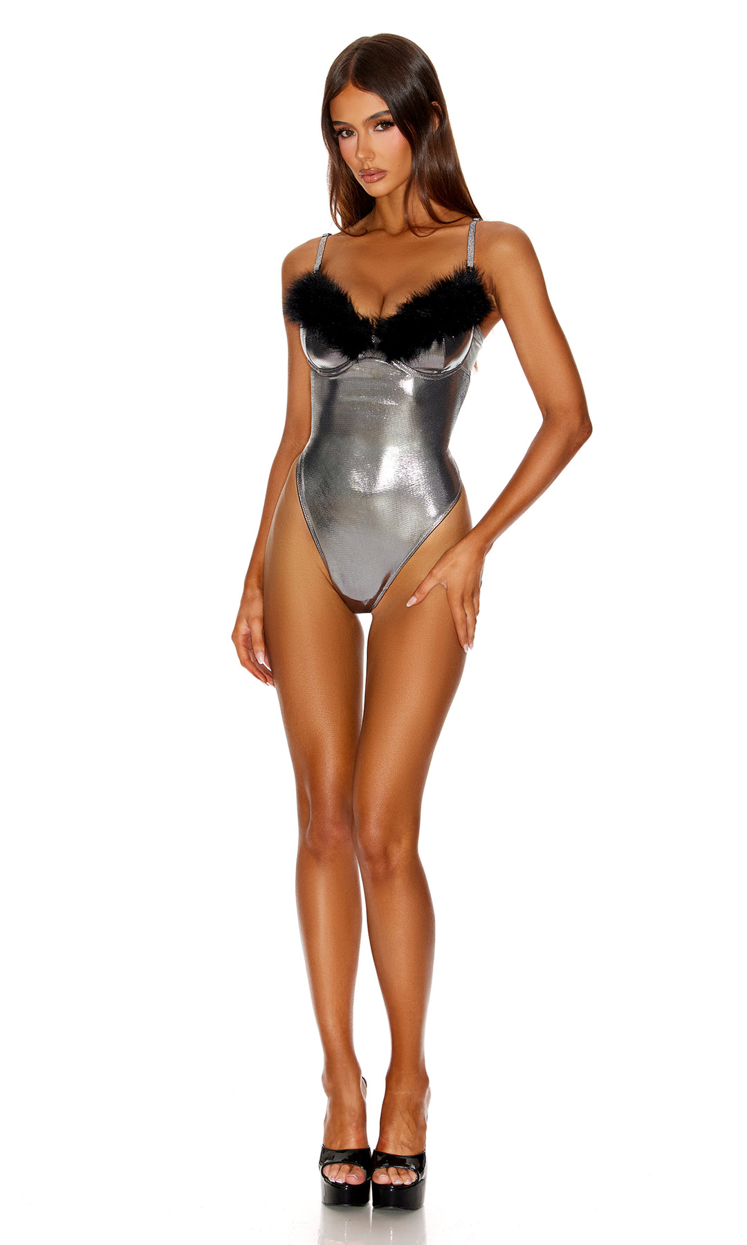 Last Call 1-Piece Metallic and Fur Teddy