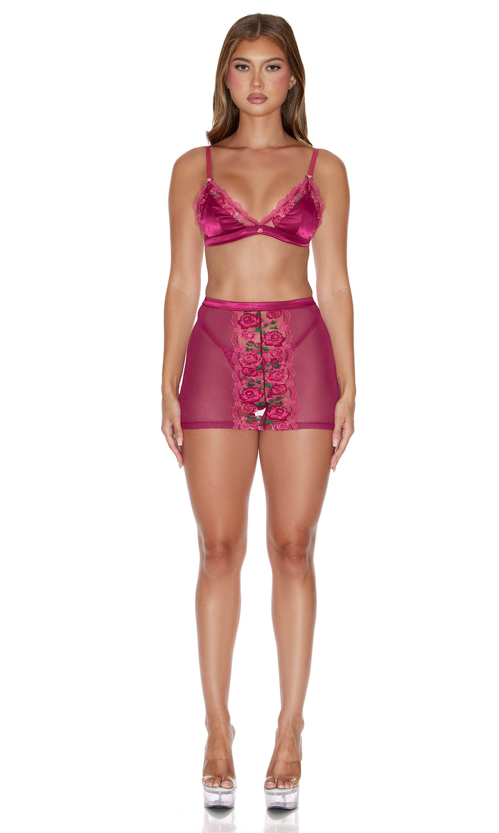 Secret Garden 3-Piece Embroidered Rose Lace Bra and Skirt Set