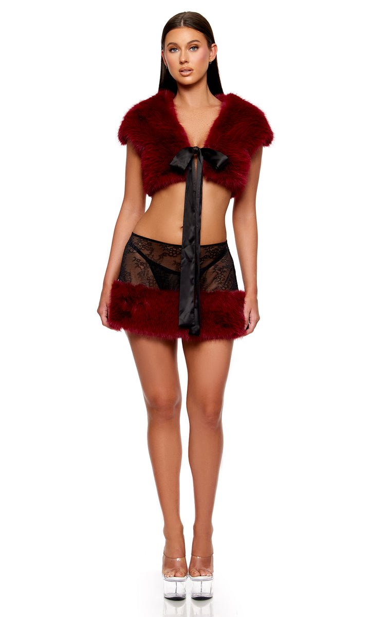 Fur The Night Lace and Faux Fur Shrug and Mini Skirt Set