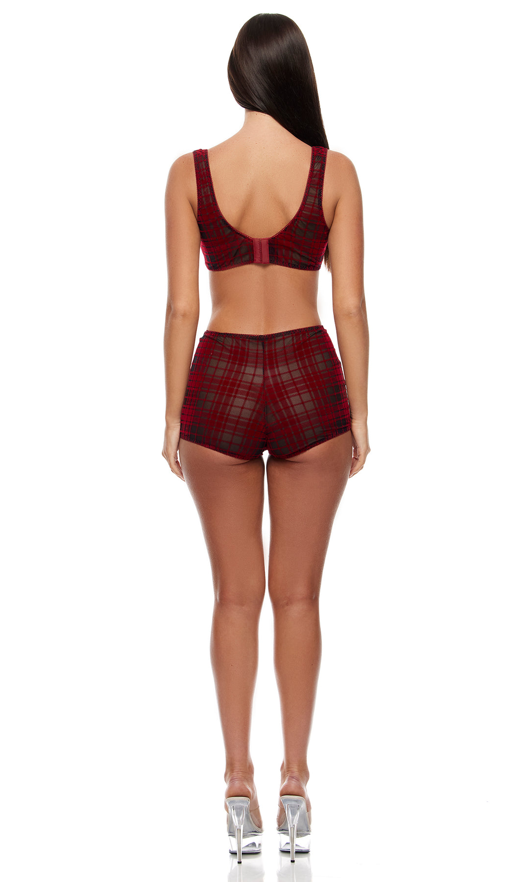 Velvet Lines Plaid Mesh Bralette and Briefs Lingerie Set