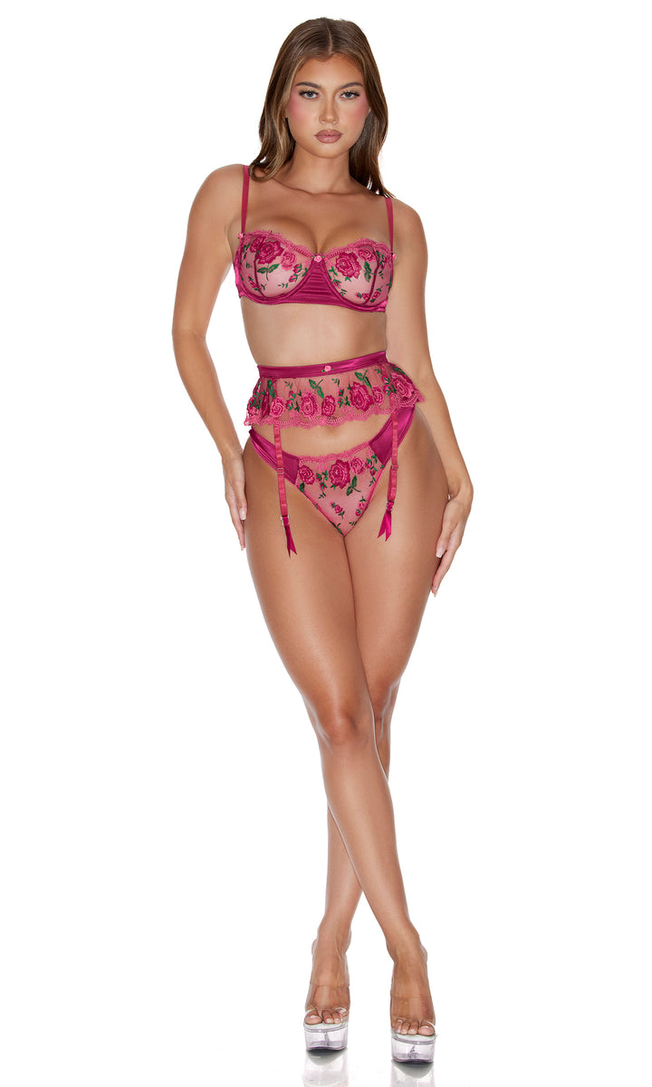 Secret Garden 3-Piece Embroidered Rose Lace Bra and Garter Belt Set