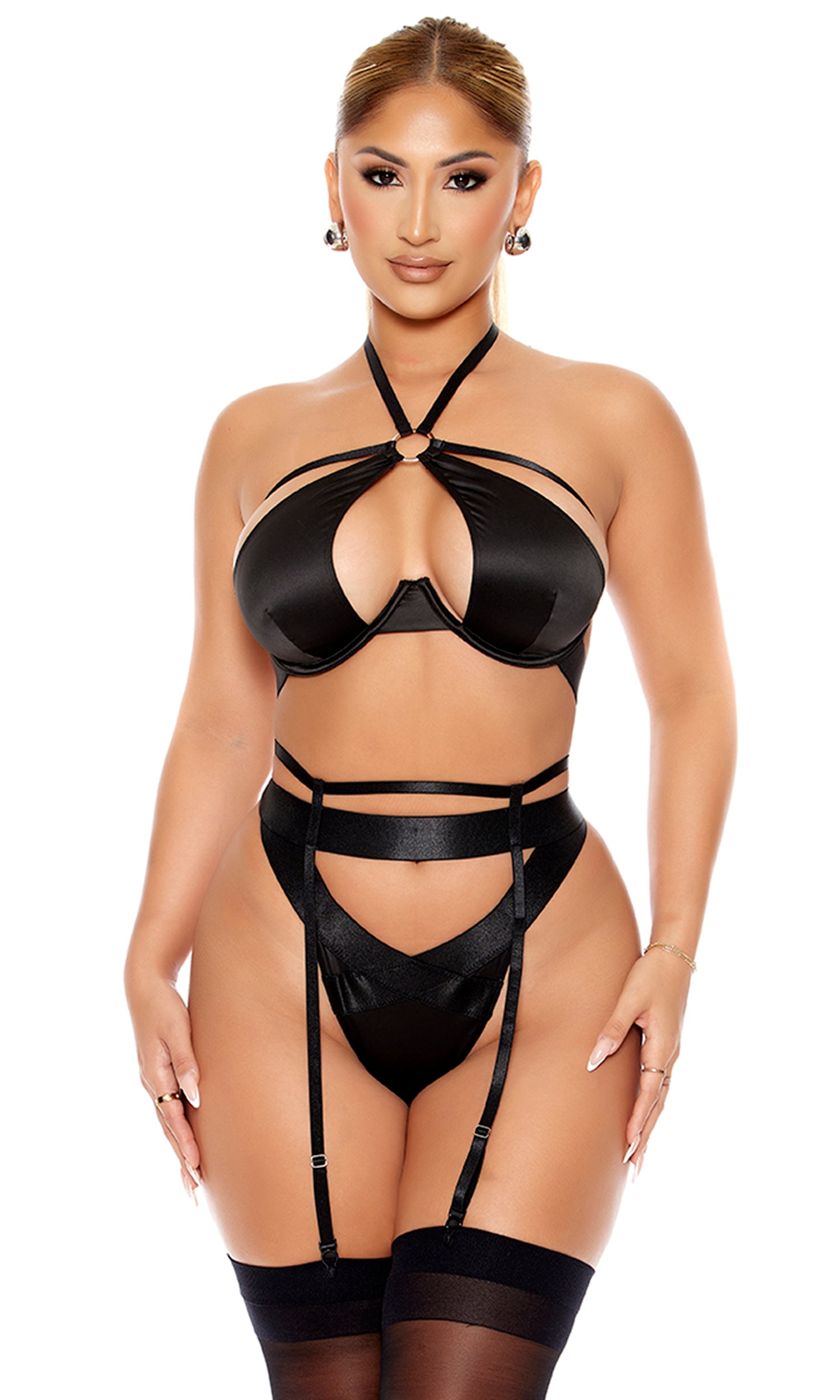 Soft Lace Bra, High Waist Satin & Mesh Garterbelt & G-string Fuchsia Lg main image 0