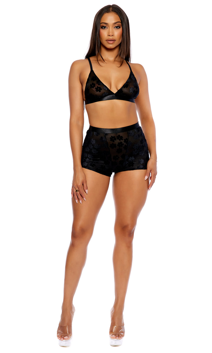 Bed of Daisies Mesh Bralette Lingerie Set - Black