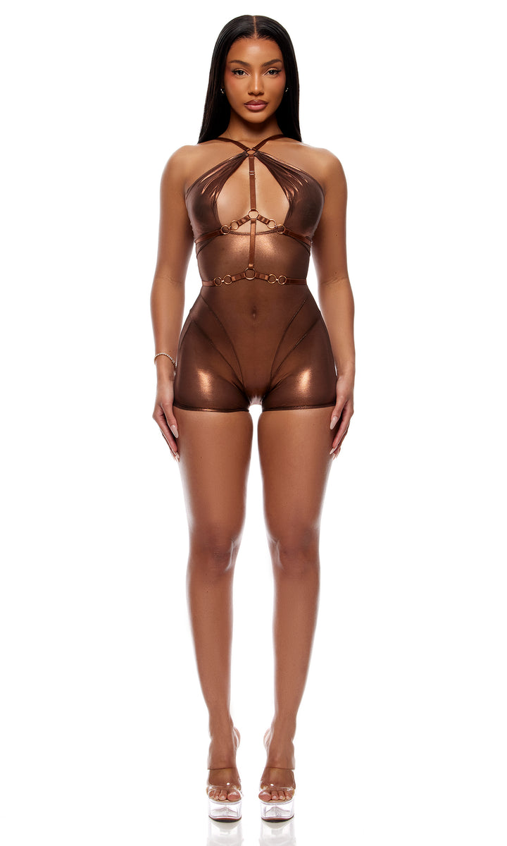 Liquid Metal Metallic Mesh Romper - Copper