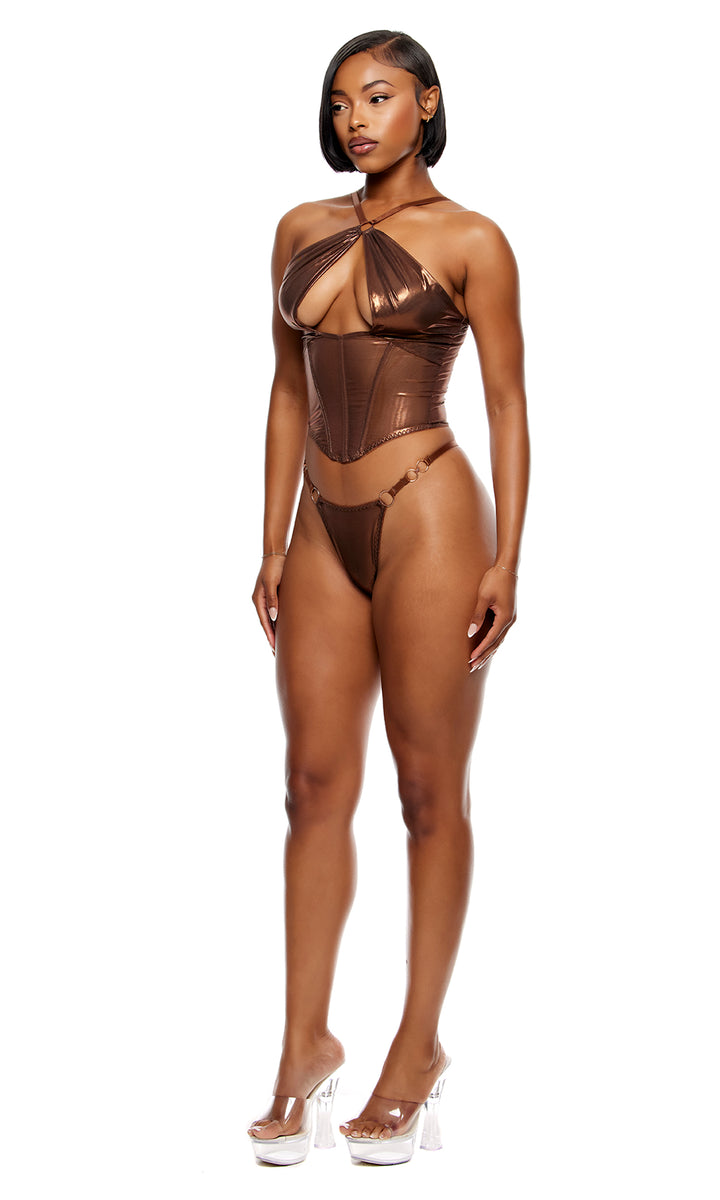 Liquid Metal Metallic Mesh Bustier Lingerie Set - Copper