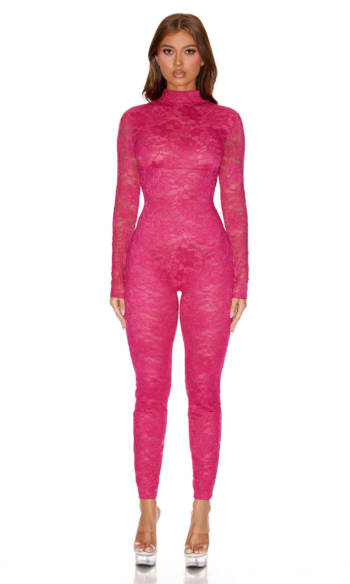 Private View 2-Piece Sheer Lined Lace Catsuit and G-String Set - Berry