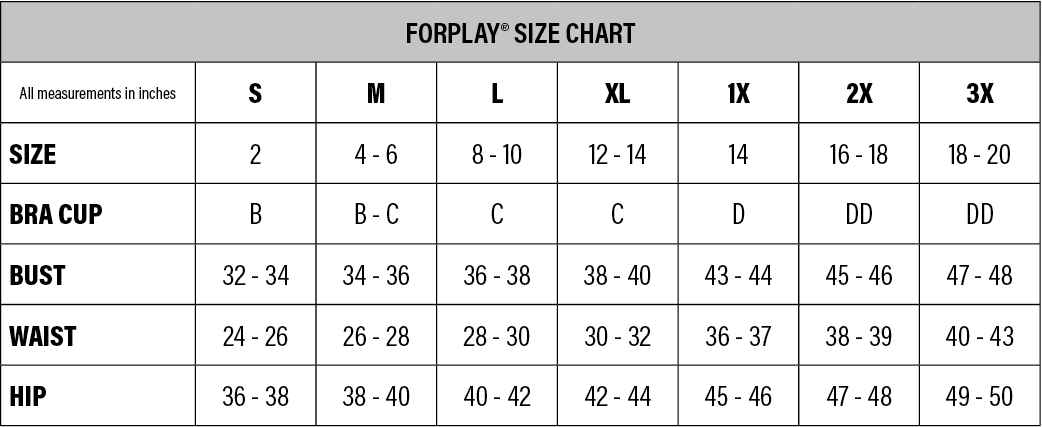 Size Charts – Forplay Inc