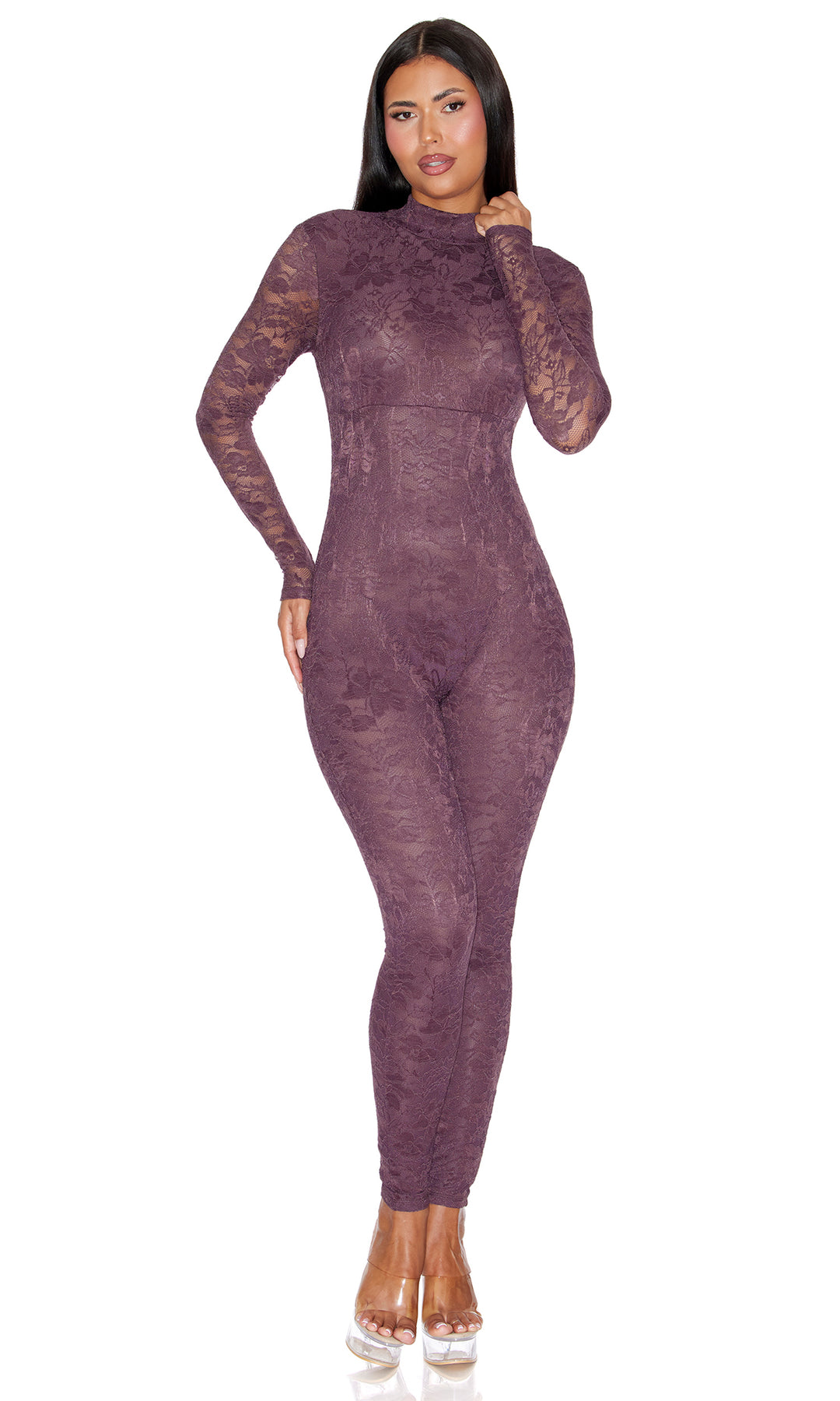Private View 2-Piece Sheer Lined Lace Catsuit and G-String Set - Cocoa