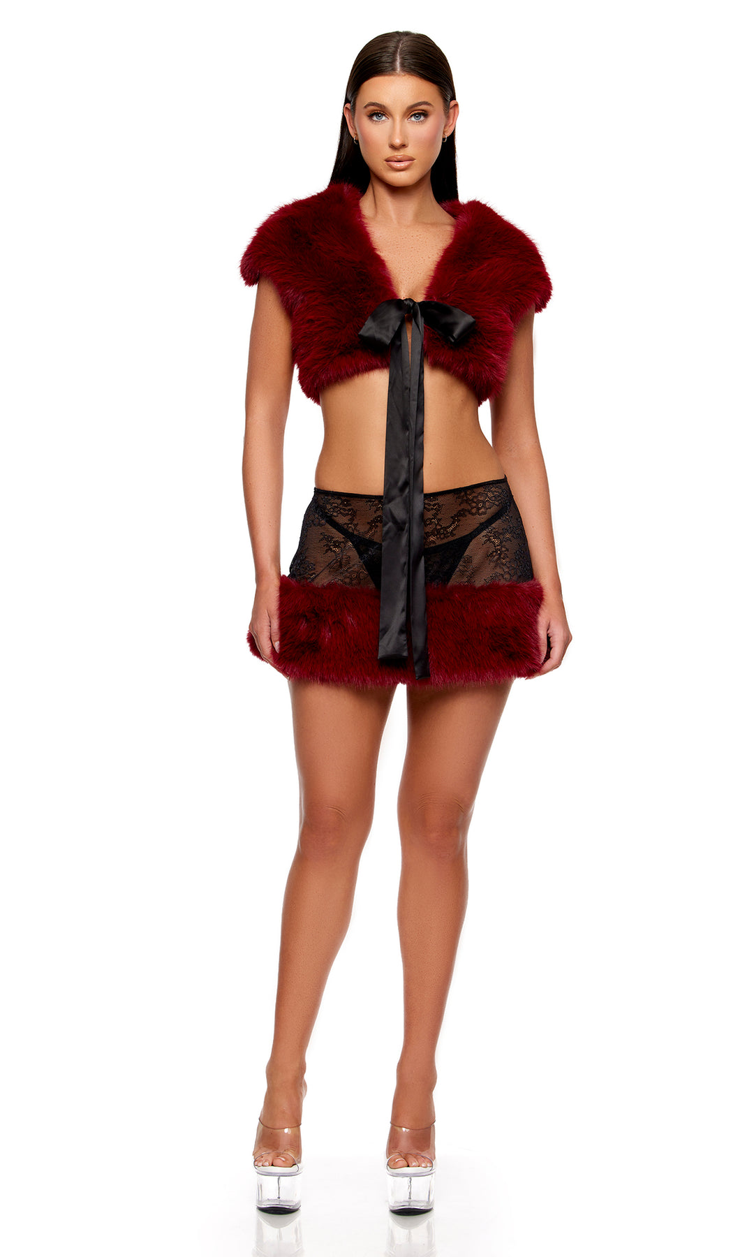 Fur The Night Lace and Faux Fur Shrug and Mini Skirt Set