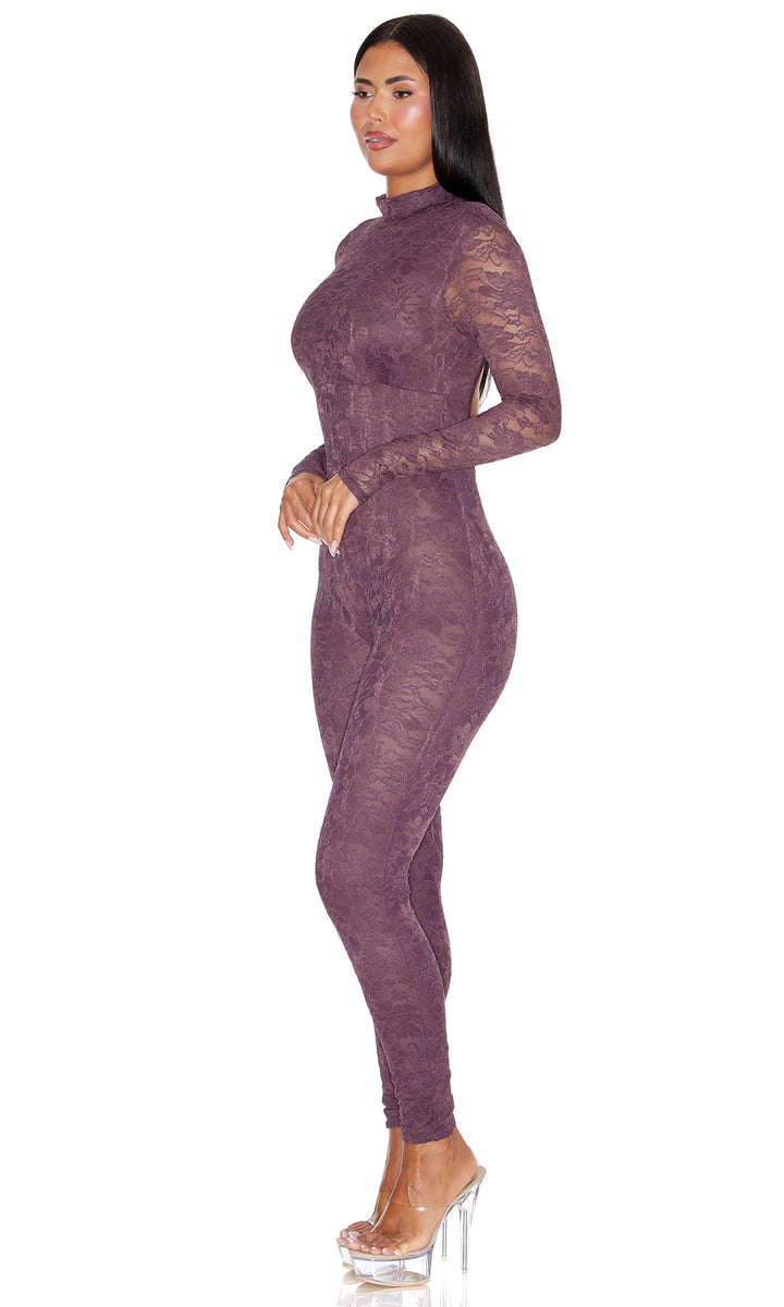 Private View 2-Piece Sheer Lined Lace Catsuit and G-String Set - Cocoa