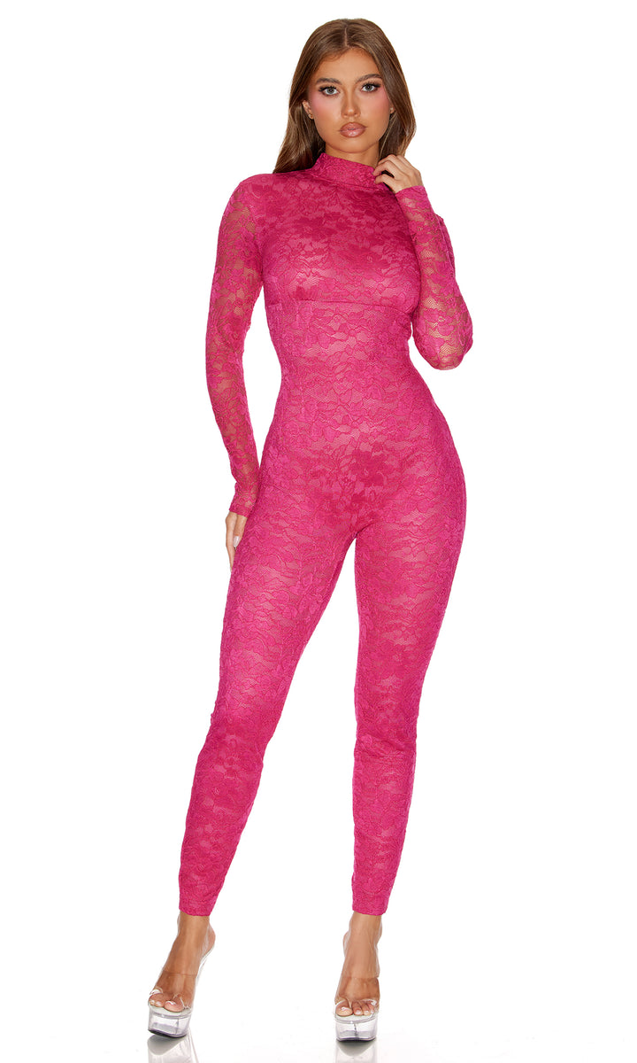Private View 2-Piece Sheer Lined Lace Catsuit and G-String Set - Berry