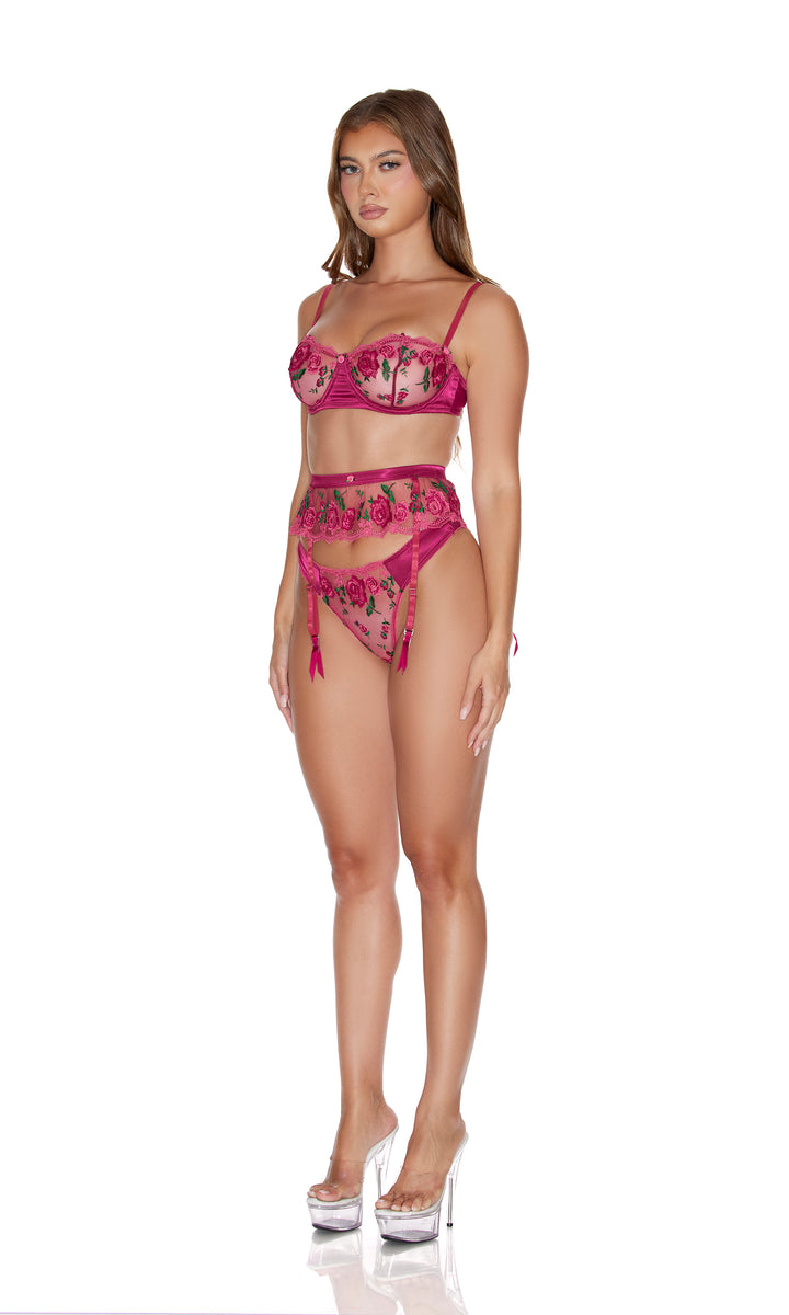 Secret Garden 3-Piece Embroidered Rose Lace Bra and Garter Belt Set