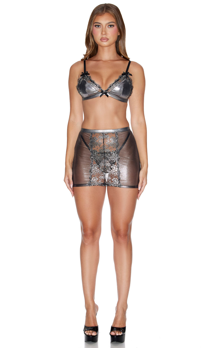 Metal Petals 3-Piece Metallic Floral Embroidered Lace Bra and Skirt Set - Gunmetal