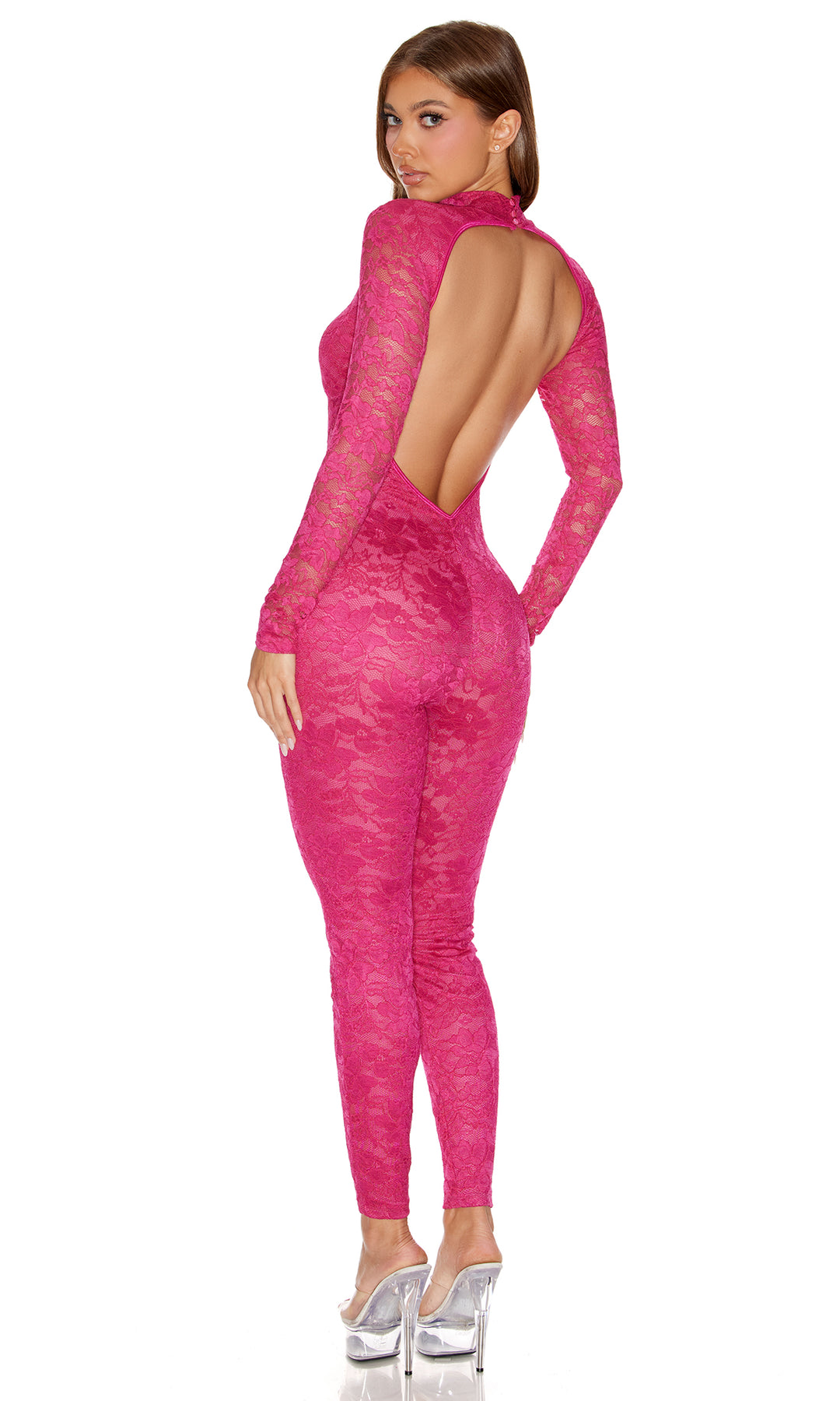 Private View 2-Piece Sheer Lined Lace Catsuit and G-String Set - Berry