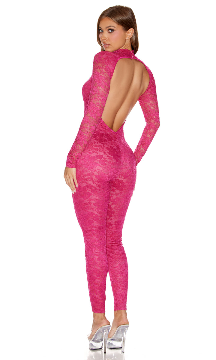 Private View 2-Piece Sheer Lined Lace Catsuit and G-String Set - Berry