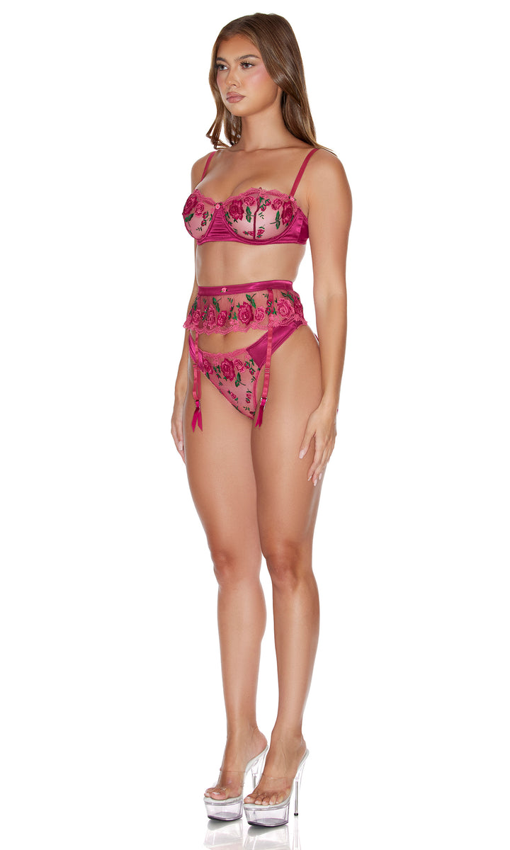 Secret Garden 3-Piece Embroidered Rose Lace Bra and Garter Belt Set