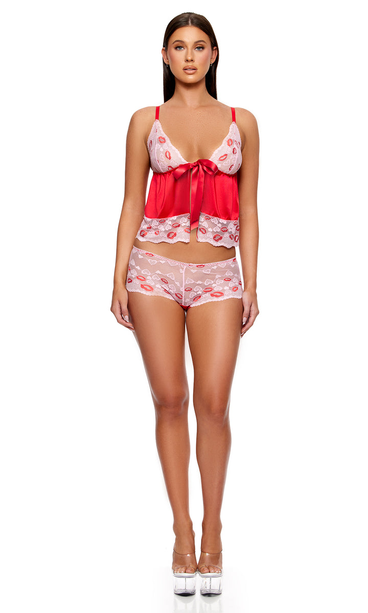 Lips Like Butter Lace Contrast Satin Cami and Boyshorts Set