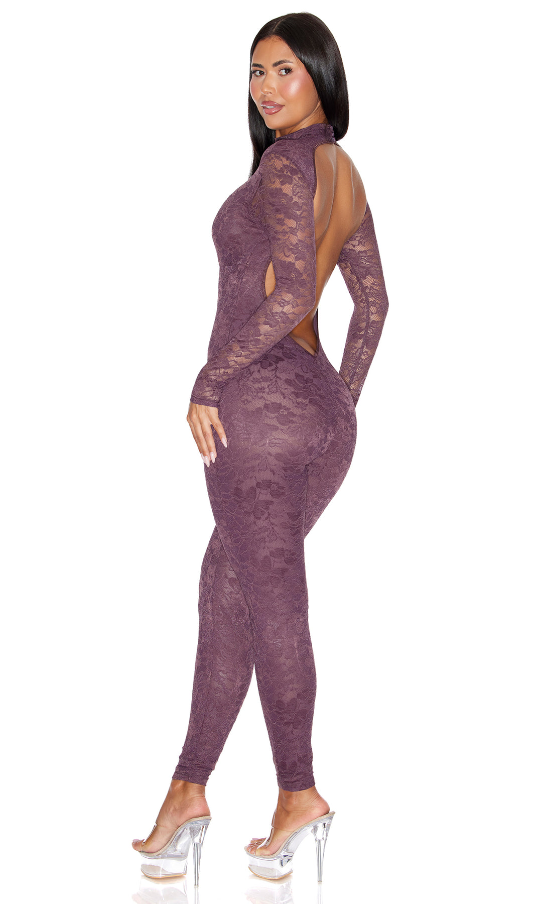 Private View 2-Piece Sheer Lined Lace Catsuit and G-String Set - Cocoa