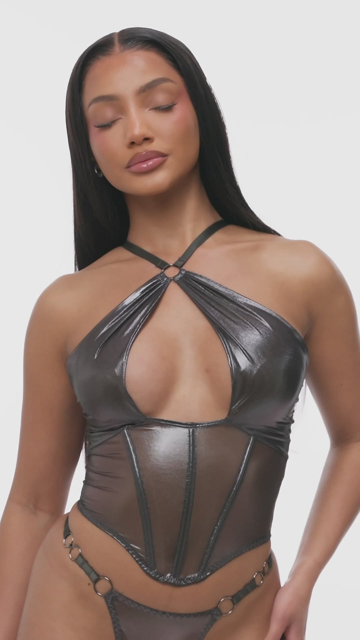 Liquid Metal Metallic Mesh Bustier Lingerie Set - Gunmetal