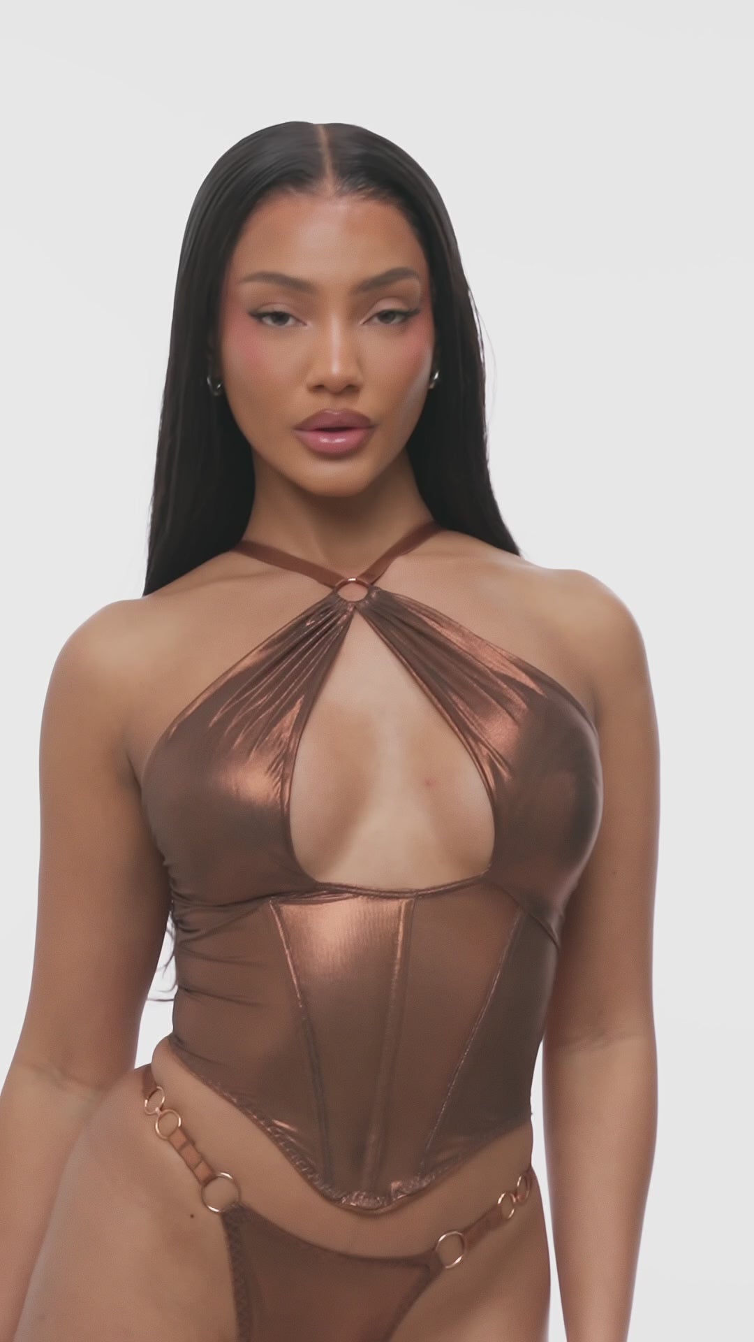 Liquid Metal Metallic Mesh Bustier Lingerie Set - Copper