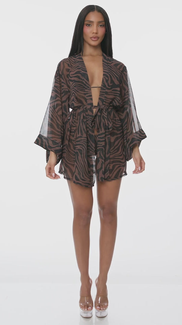 Wild Getaway 2pc. Coverup Kimono - Brown Combo