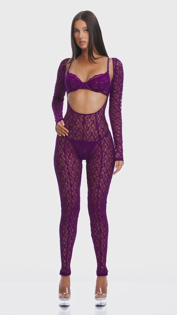 Feel Me Textured Lace Jumpsuit Lingerie Set