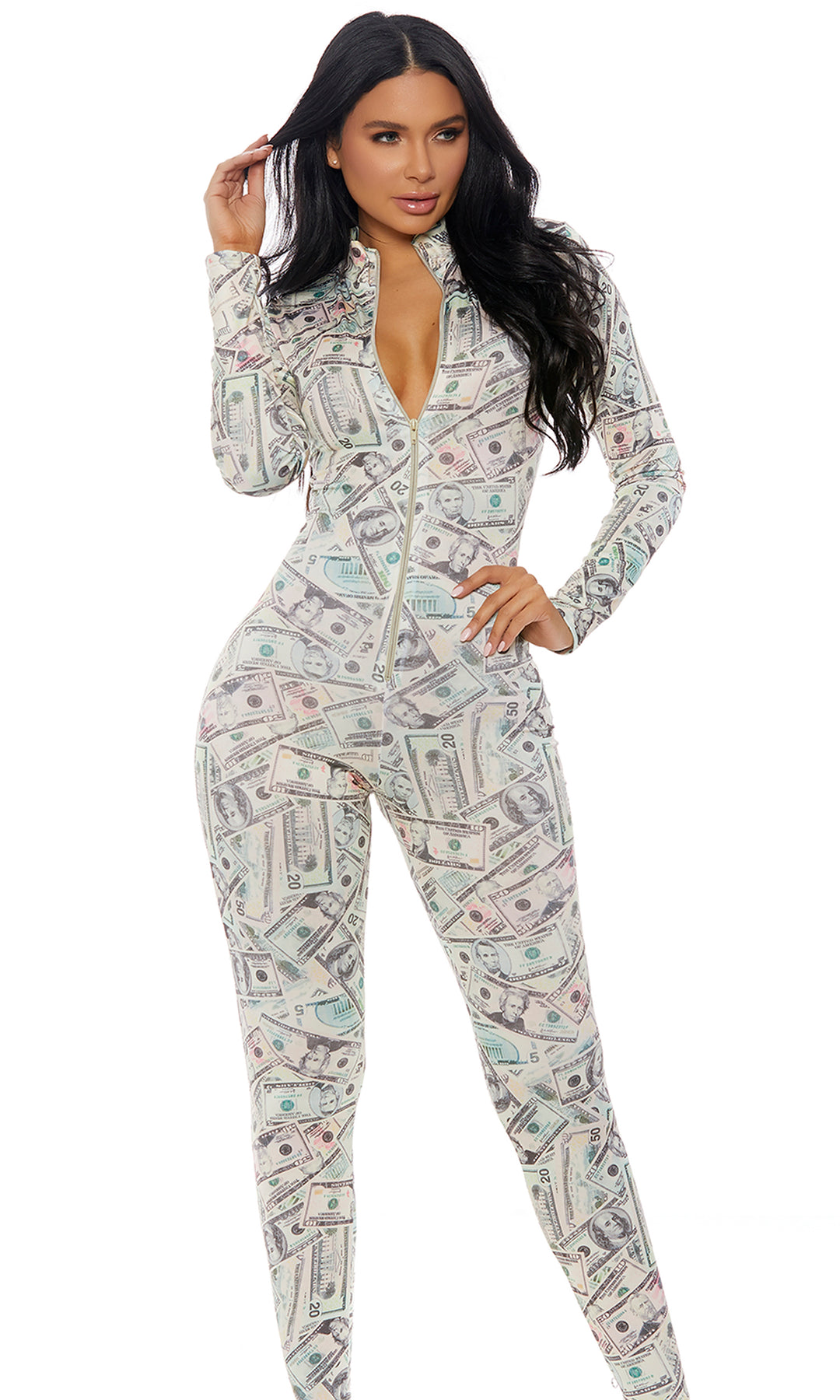 Zipfront Money Print Jumpsuit by Forplay