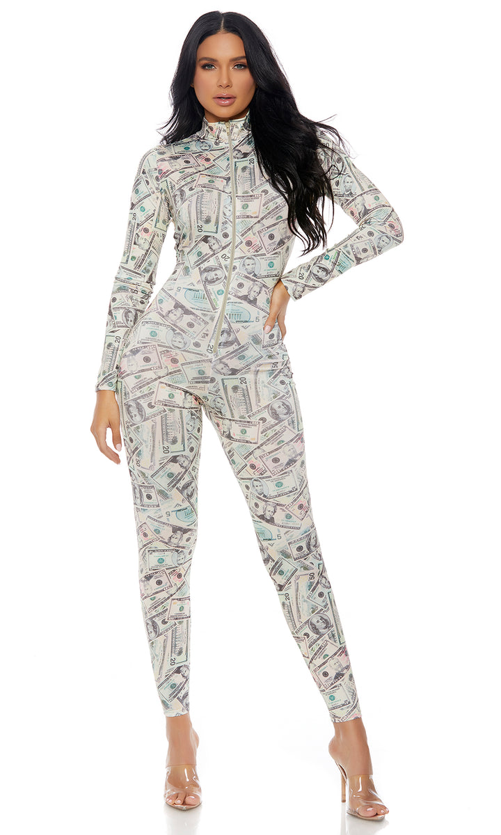 Zipfront Money Print Jumpsuit by Forplay